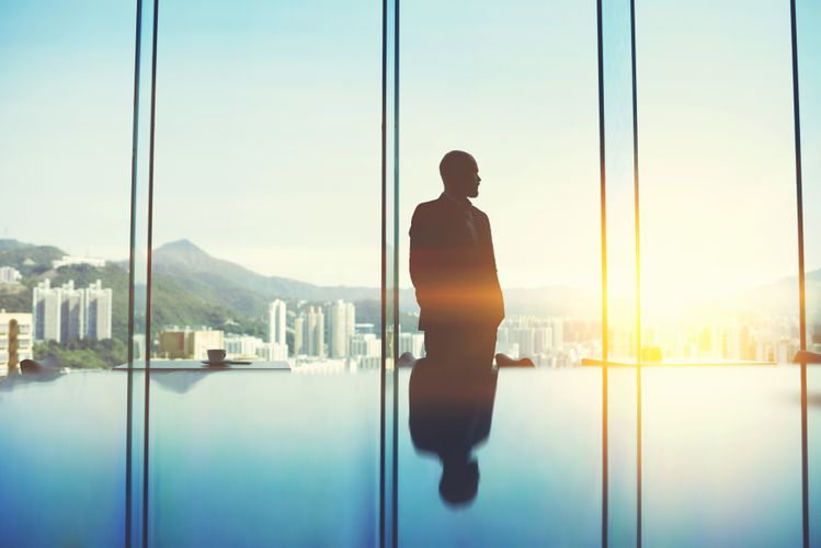 silhouette of businessman in front of cityscape 